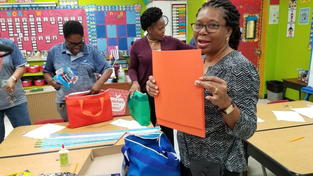 Teachers at Ricardo Richards Elementary in Christiansted, St. Croix, receive supplies.